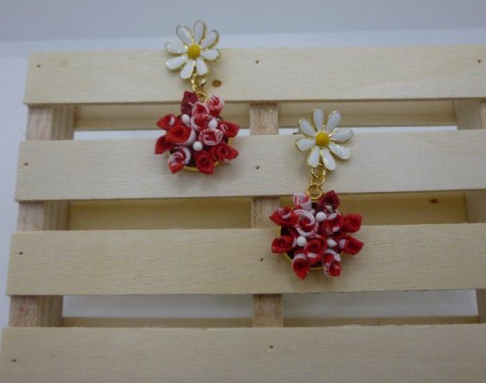 Boucle d'oreille bouquet marguerite rouge